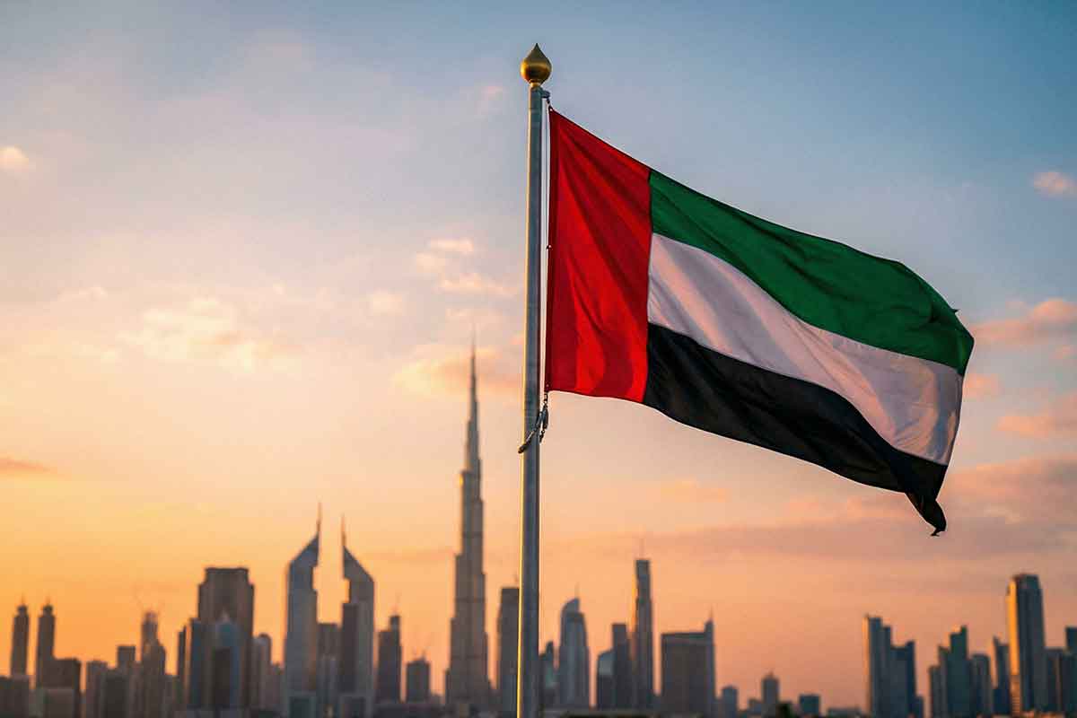 UAE flag above the Dubai skyline
